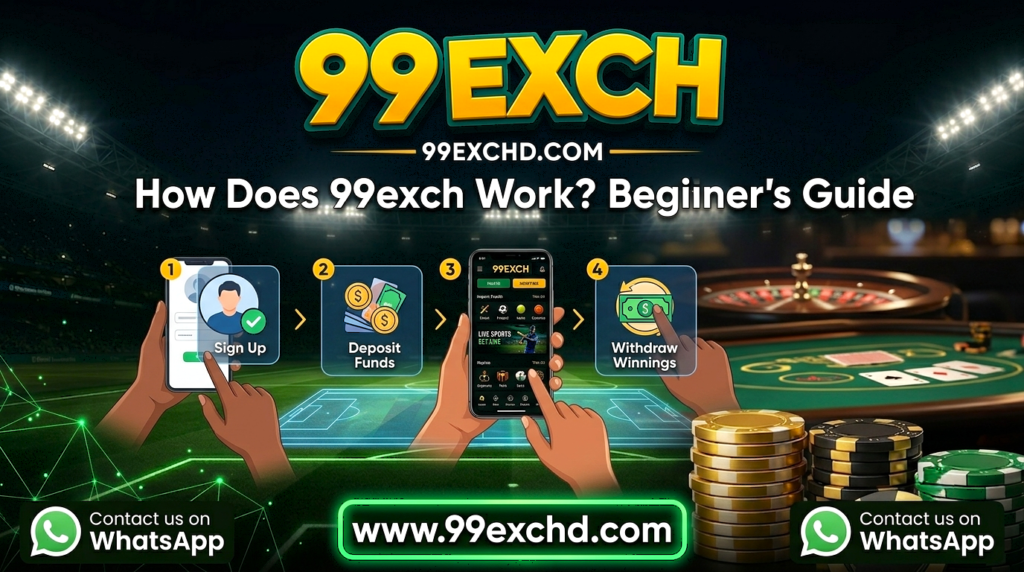 A beginner-friendly visual explaining how 99exch works, including platform features, account navigation, user experience, and match insights.