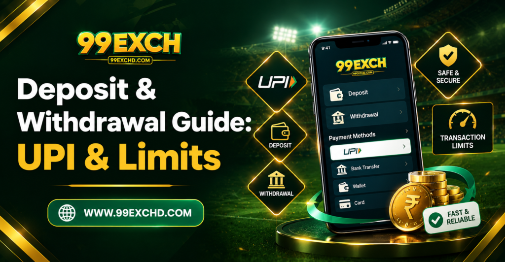 99exch deposit and withdrawal guide explaining UPI payments, transaction limits, payment methods and secure fund management.