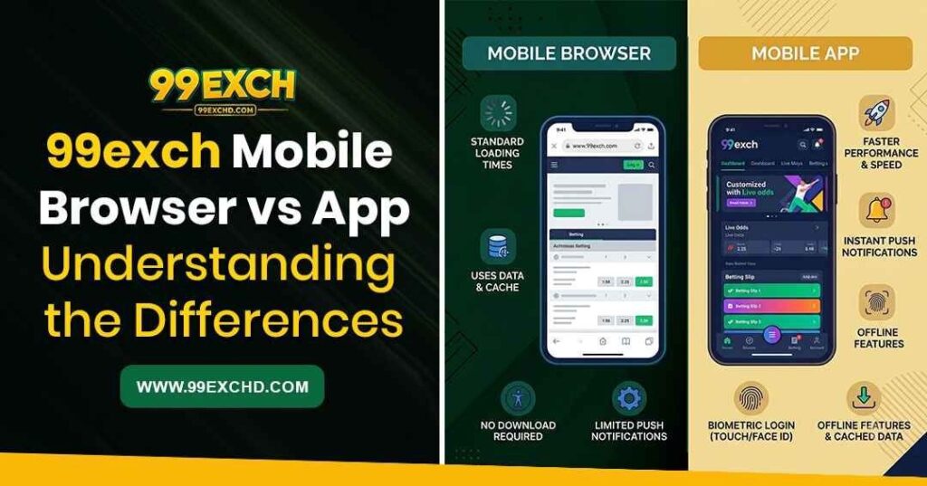 99exch mobile browser vs app comparison showing smartphone website access and app-style mobile options